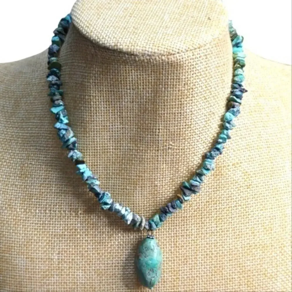 Treska Turquoise Chip Bead Necklace Oval Pendant Southwestern Boho Teal Blue